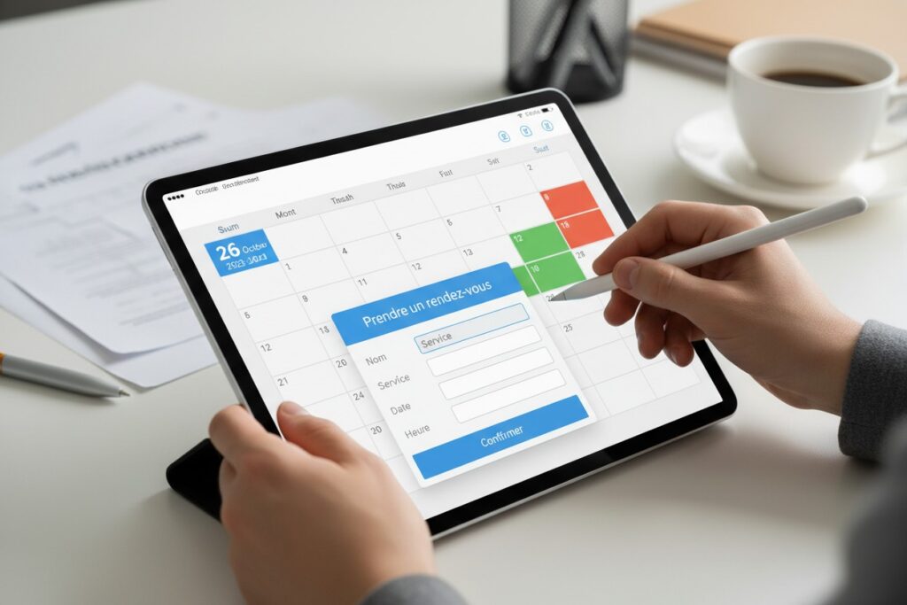 Une personne utilise un stylet sur une tablette tactile pour remplir un formulaire de prise de rendez-vous en ligne affiché sur un calendrier.