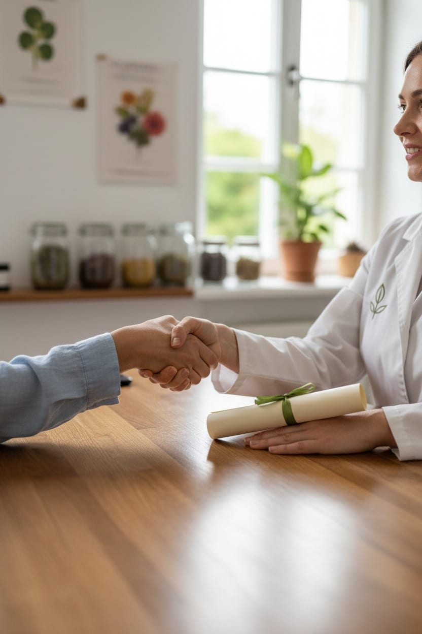 Une praticienne en blouse blanche serre la main d'une patiente au-dessus d'un bureau où est posé un document enroulé avec un ruban vert.