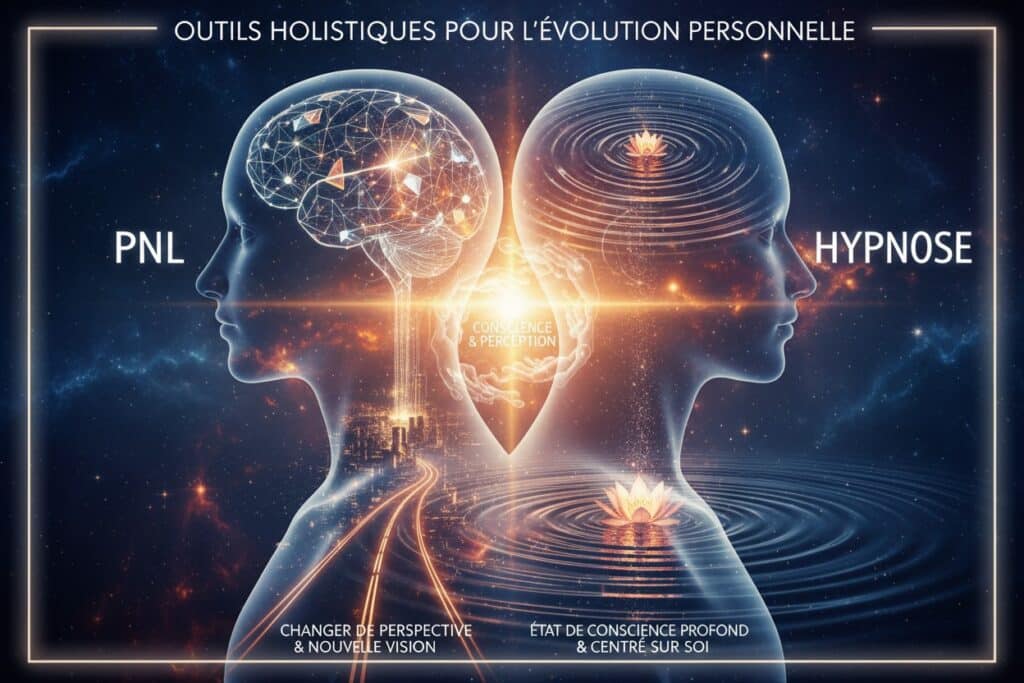 Deux silhouettes humaines se font face sur un fond cosmique, illustrant la PNL et l'hypnose comme outils d'évolution personnelle.